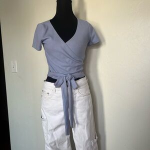 Hollister Women's Blue Ribbed Wrap Top Balletcore